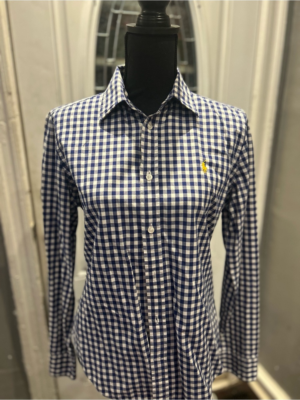 Polo-Style Navy and White Gingham Button-Down Shirt
